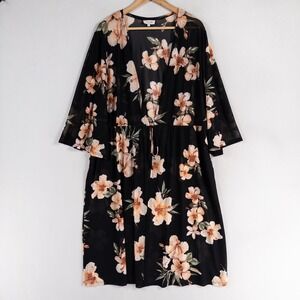Siren Lily Women Cover Up Duster 2X Black Floral Mesh Sheer Tie Front Boho